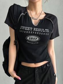 DAZY 女式标语印花短袖T恤、女式短款上衣、图案T恤 - 黑色 - 查看 4