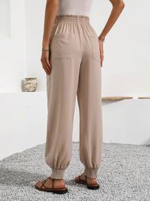 SHEIN LUNE Women's Summer Elastic Waistband With Adjustable Bowknot And Frill Edges, Bamboo Fabric Jogger Pants With Drawstring, Double Pockets, Cuffed Hem - Apricot - View 2