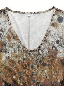 大码女式 V 领短袖扎染印花休闲 T 恤夏季