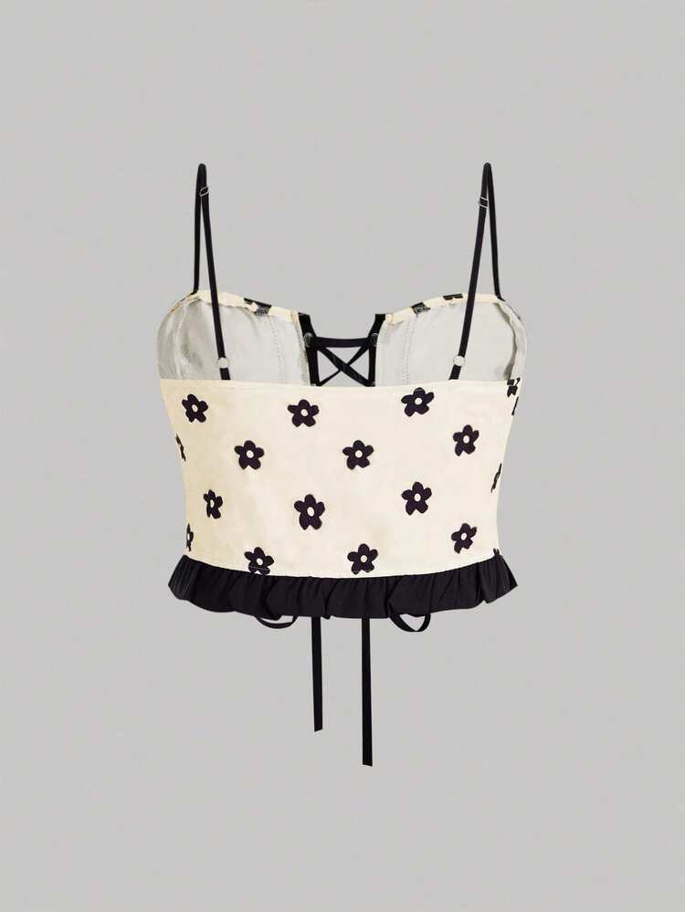 Plus Size Women'S Floral Printed Eyelet Lace Up Camisole Tank Top