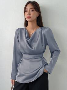 DAZY Của phụ nữ Màu thuần Tay áo dài Áo sơ mi Với Áo cổ bò - Màu xanh lam - Xem 1