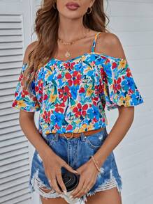 SHEIN LUNE 女式露肩短袖上衣，配花朵印花 - 藍白色 - 查看 3