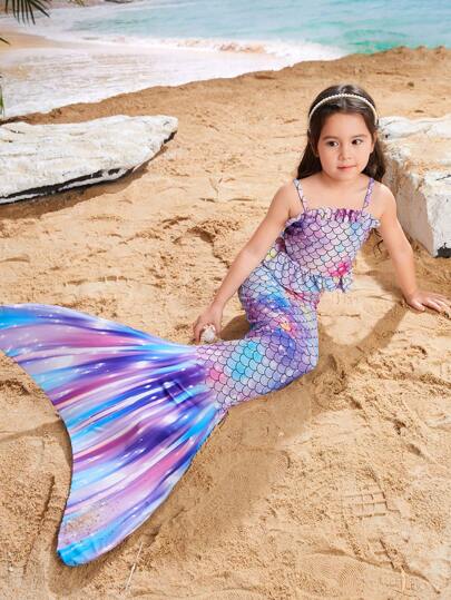 Sparklyn Young Girls' Fish Scale Print Cami Tankini Top And Vest Style Bottom Swimwear