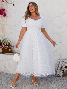 Simplee Plus Size Sweetheart Neck Puff Sleeve Mesh Overlay Dress - White - View 6
