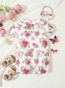 1pc Baby Girl's Allover Printed Floral Elegant Lace Romper For Summer - White - View 2