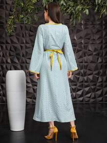 Al Najma Allover Printed Contrast Tape Dress - Blue - View 2