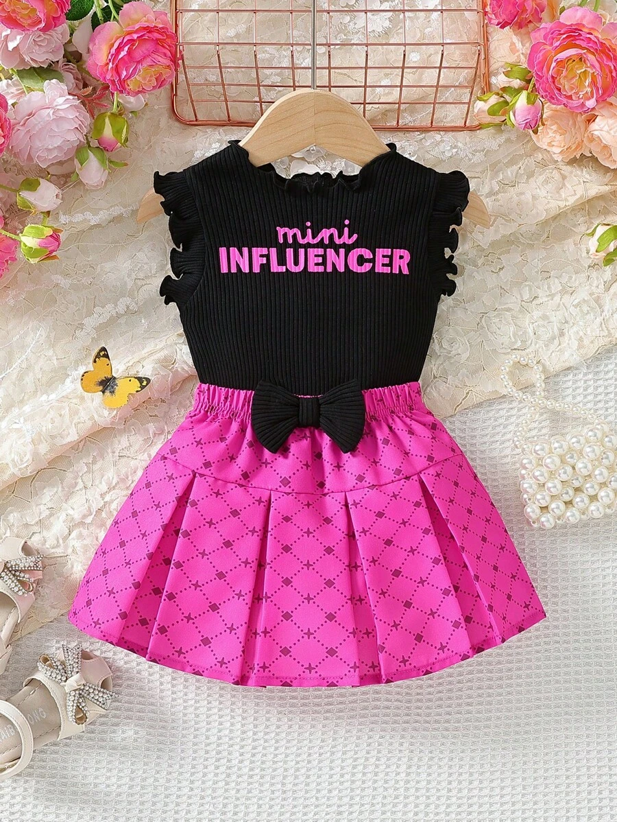 SHEIN Baby Girl Letter Print Vest And Butterfly Front Pleated Skirt Set, Perfect For Summer Parties - Multicolor - View 1