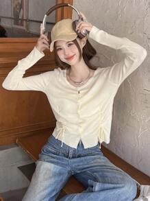 DAZY Áo khoác cardigan dài tay xếp ly hở phía trước cho nữ, trang phục mùa thu - Màu be - Xem 1