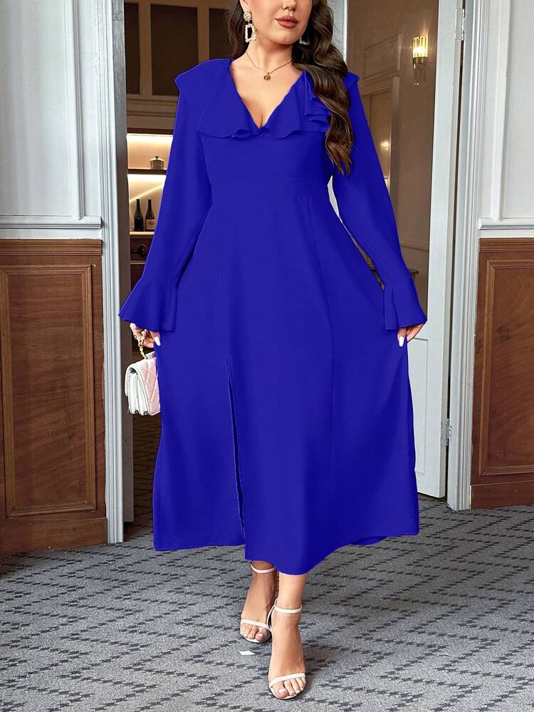 Plus Size V-Neckline Ruffled Hem Decor High Split Dress