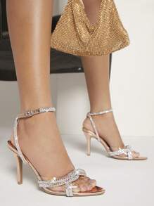 SHUZIA Sandalias de tacón alto con decoración de rhinestones para mujeres - Oro rosa - Ver 4