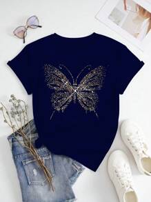 SHEIN Camiseta de manga corta con cuello redondo y estampado de mariposa, blusas gráficas para mujeres - Azul Marino - Ver 5