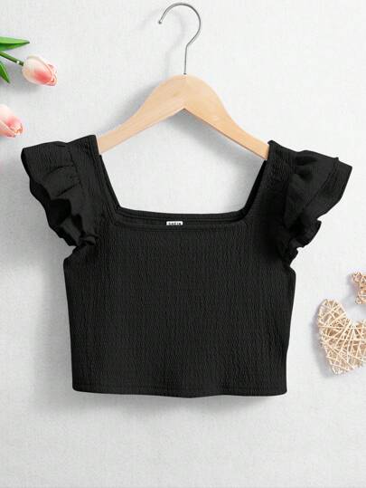 SHEIN Tween Girls' Solid Color Square Neck Cropped Holiday T-Shirt With Ruffle Hem