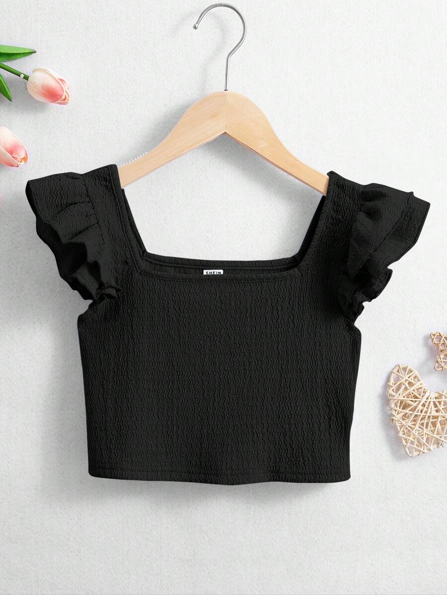 SHEIN 青少女實色方頸短款假日t恤,帶有荷葉邊 - 黑色 - 查看 1