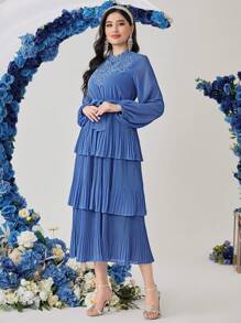 Modelyn Solid Color Stand Collar Lantern Sleeve Dress Fall Cloth For Women - Blue - View 3