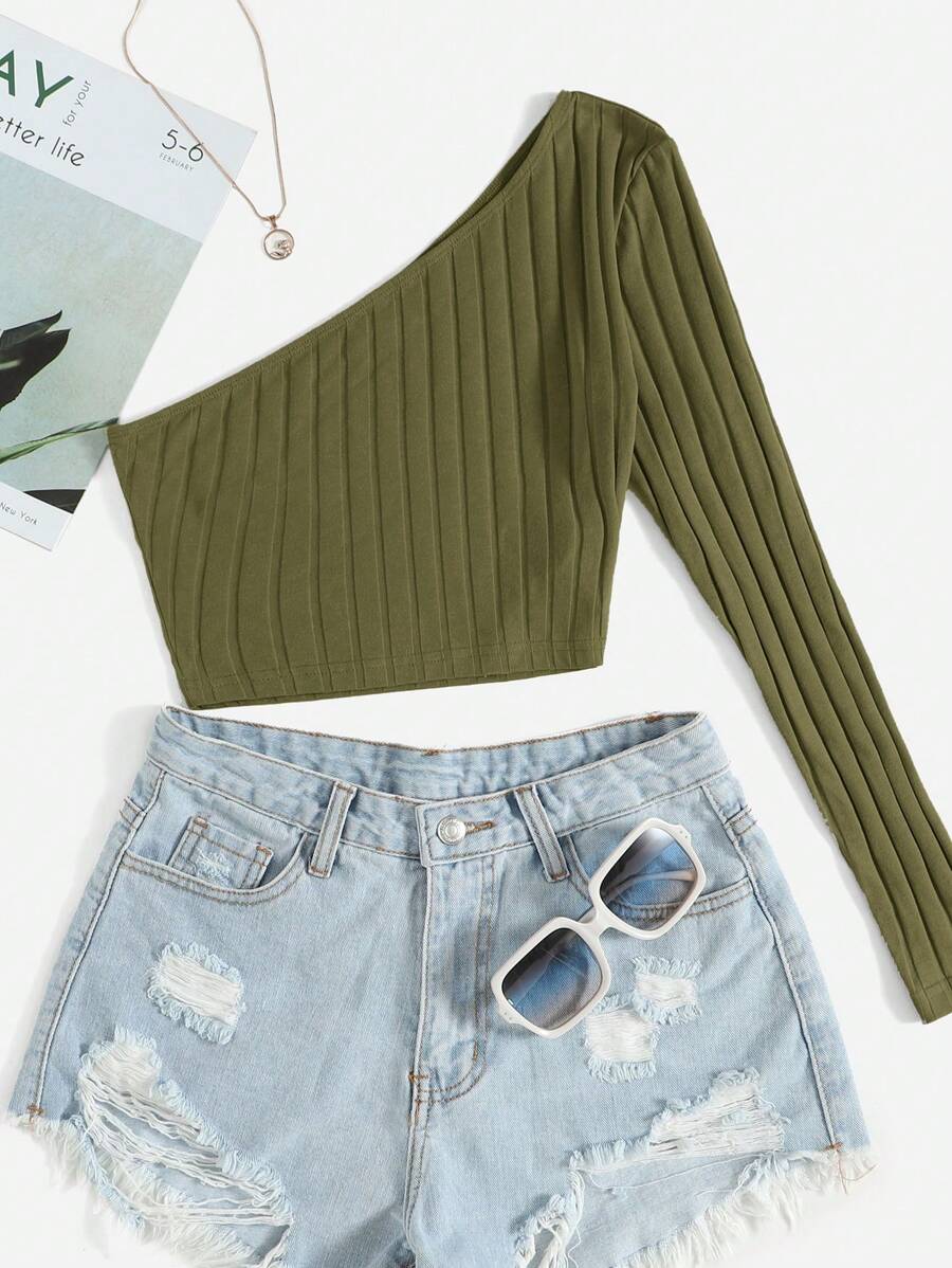 SHEIN EZwear Một  vai Tay áo dài Áo - xanh quân đội - Xem 1