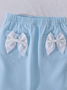 SHEIN Tween Girls' Peter Pan Collar Button Up Top With Bow And Skirt Set - Pink - View 3