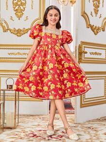 SHEIN Tween Girl's Casual Patterned Pearl Decorated Dress - Red - View 6