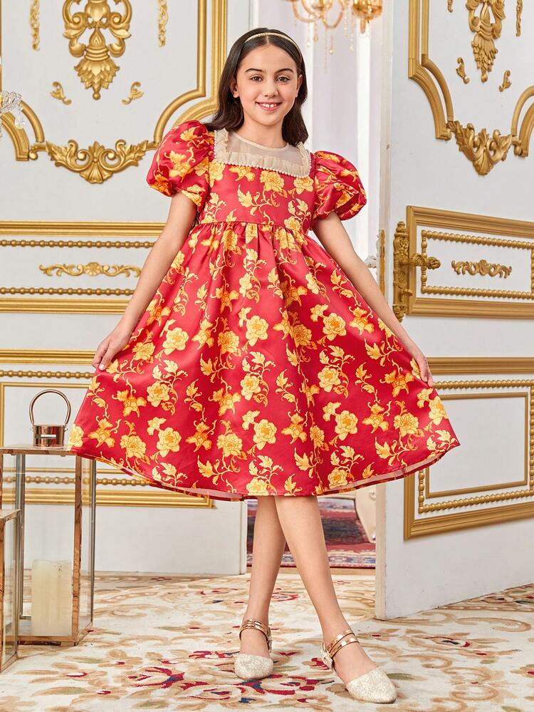 Tween Girl's Casual Patterned Pearl Decorated Dress