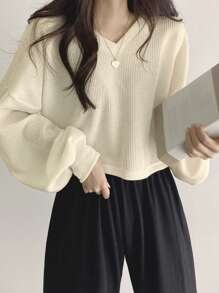 DAZY Women's Solid Color V-Neck Drop Shoulder Long Sleeve T-Shirt