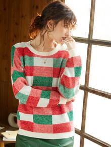 Knit Mix Women's Plaid Crew Neck Pullover Sweater (Random Pattern) - Multicolor - View 6