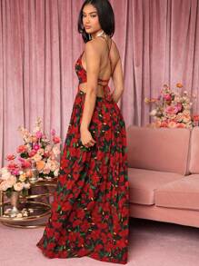 SHEIN Unity Floral Print Cut Out Split Dress - Red and Black - View 2