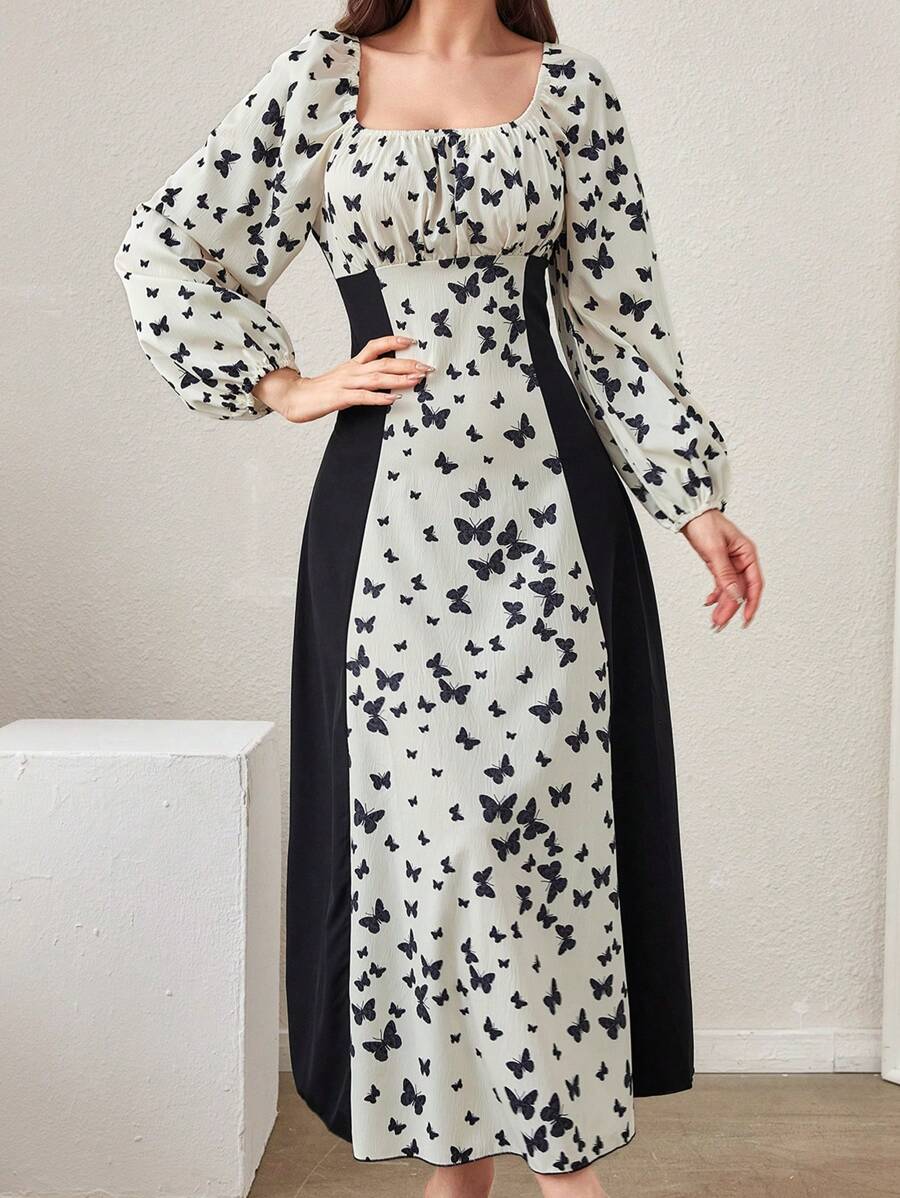 Modelyn 女士全印花蝴蝶设计灯笼袖连衣裙超长女士装长款晚礼服 - 黑色 - 查看 1