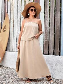 SHEIN VCAY Plus Size Women's Textured Fabric Holiday Camisole Top And Skirt Set