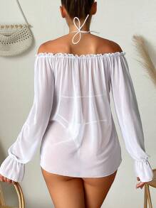 SHEIN Swim 女款扇貝邊露肩長袖洋裝嘉年華 - 白色 - 查看 1