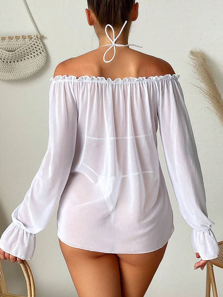 SHEIN Swim 女款扇貝邊露肩長袖洋裝嘉年華 - 白色 - 查看 1