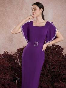 Modelyn Women's Solid Color Square Neckline Split Hem Dress Long Evening Dresses - Purple - View 4