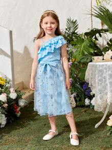 SHEIN Young Girls' Double Layer Ruffle Trim Top And Embroidered Mesh Overlay Skirt Set - Blue - View 3