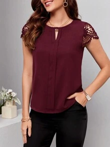 EMERY ROSE Solid Color Lace Panel Shirt Summer Red Blouse Red Top