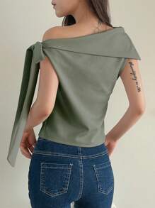 DAZY Women's Solid Color Off-Shoulder Side Knot T-Shirt Going Out Tops - Mint Green - View 2