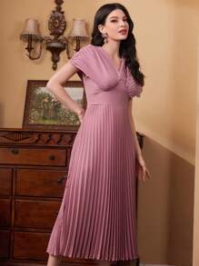 Modelyn Vestido largo de noche de unicolor con mangas abullonadas y pliegues - Rosa vieja - Ver 5