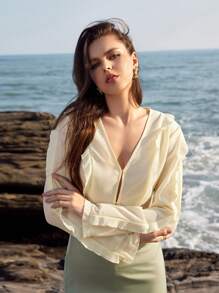 Anewsta 有褶邊的半透明紗布上衣 - 杏色 - 查看 5