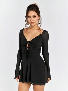 PARTHEA Cut Out Lace Up Mesh Dress - Black - View 6