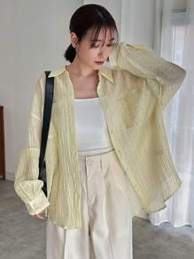 FRIFUL Women's Dropped Shoulder Texture Fabric Shirt With Front Pocket Sheer Long Sleeve Top - Beige - View 4