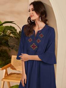 Al Najma Floral Embroidered Flare Sleeve Dress - Navy Blue - View 3