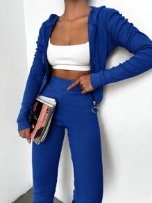 EURMUSE Zip Up Drawstring Hoodie & Ruched Leggings - Blue - View 4
