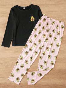 Teenage Girls' Avocado Pattern Print Long Sleeve Pajama Set With Pants - Black - View 6