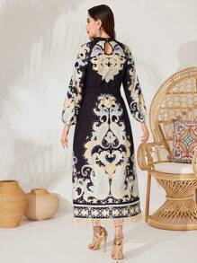 Al Najma Women's Baroque Printed Lantern Sleeve Tie Waist Tassel Trim Modest Arabian Dress - Multicolor - View 2