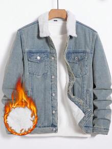 Manfinity Homme Men's Contrast Color Turn-Down Collar Thermal Lined Denim Jacket - Dusty Blue - View 1