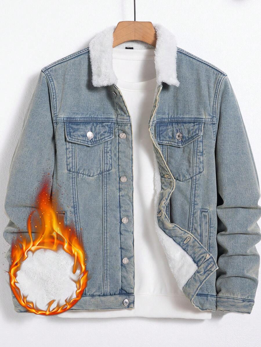 Manfinity Homme Men's Contrast Color Turn-Down Collar Thermal Lined Denim Jacket - Dusty Blue - View 1