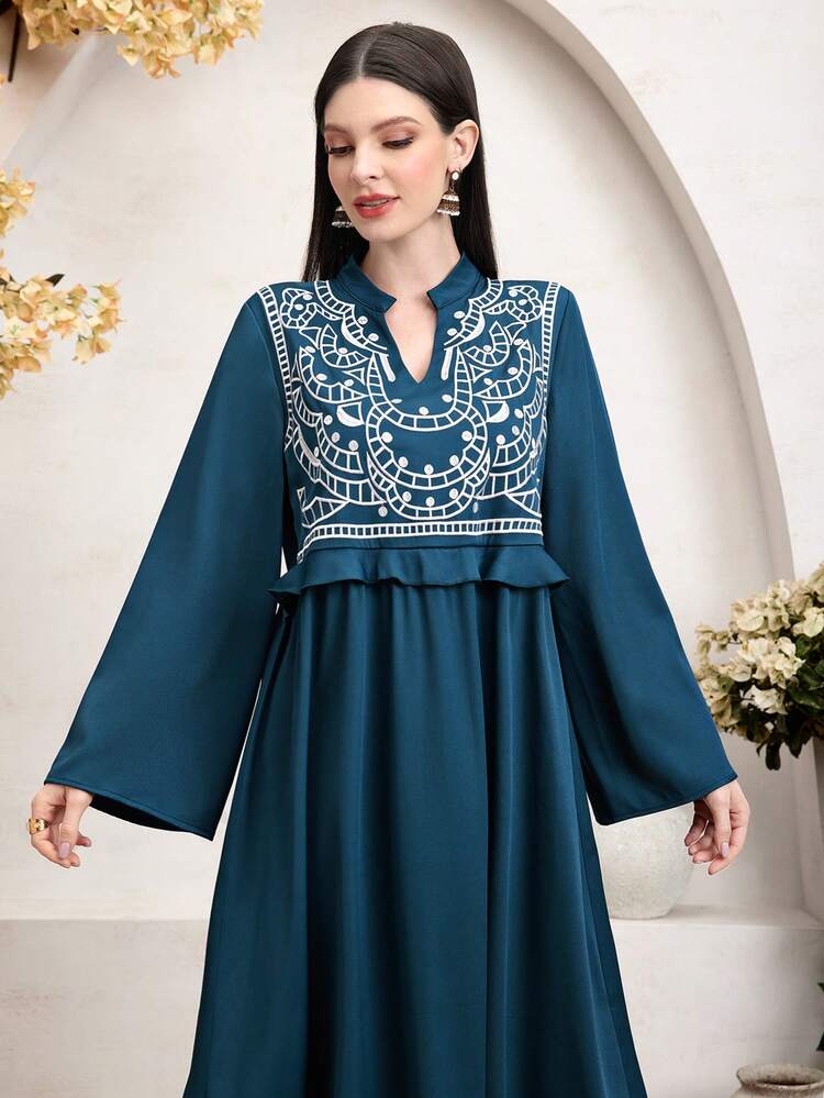 Embroidered Long Dress With Notched V-Neck Fall Cloth For Women