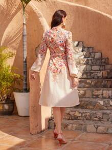 GENKIRA 女士立領花卉印花長袖單排扣連衣裙 - 彩色 - 查看 2