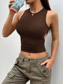 SHEIN EZwear 女士無袖後空洞短上衣 - 鏽棕色 - 查看 6