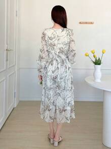 DAZY V-Neck Long Sleeve Printed Dress, Fall Dress Vacation Outfits Women Floral Dress Boho - White - View 2