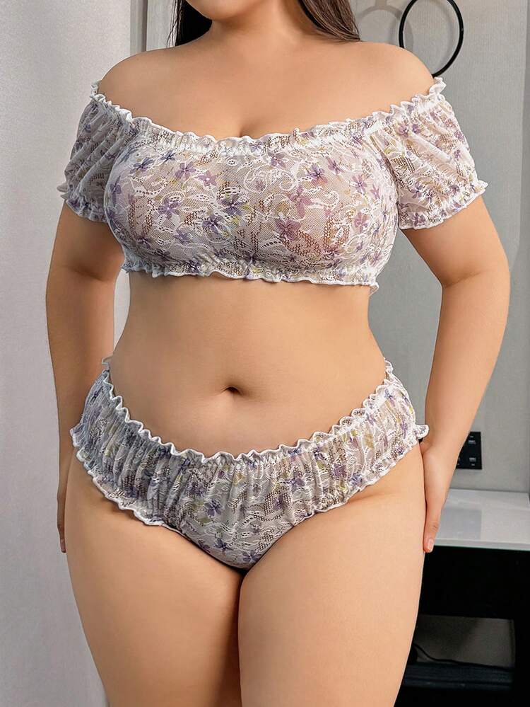 Plus Size Women's Sexy Floral Lace Lingerie Set For Wedding Season