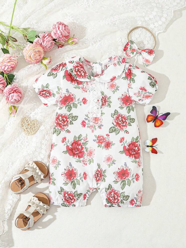 1pc Baby Girl's Allover Printed Floral Elegant Lace Romper For Summer
