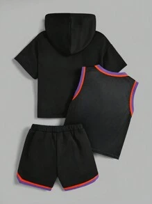 Young Boy Basketball & Letter Contrast Trim Sports Mesh Tank Top & Shorts With Solid Hooded Tee - Black - View 2